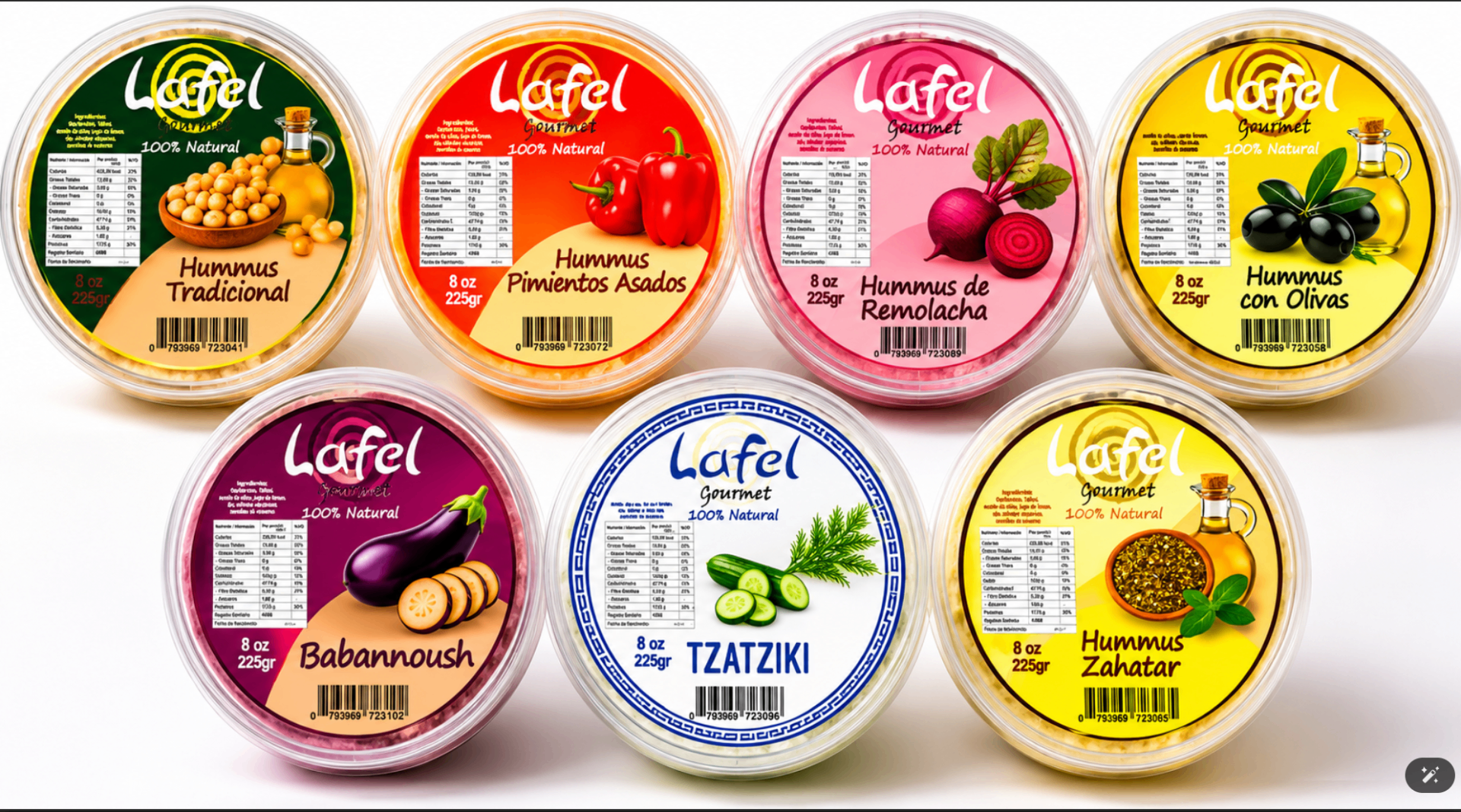Familia completa de productos Lafel Gourmet sobre fondo blanco